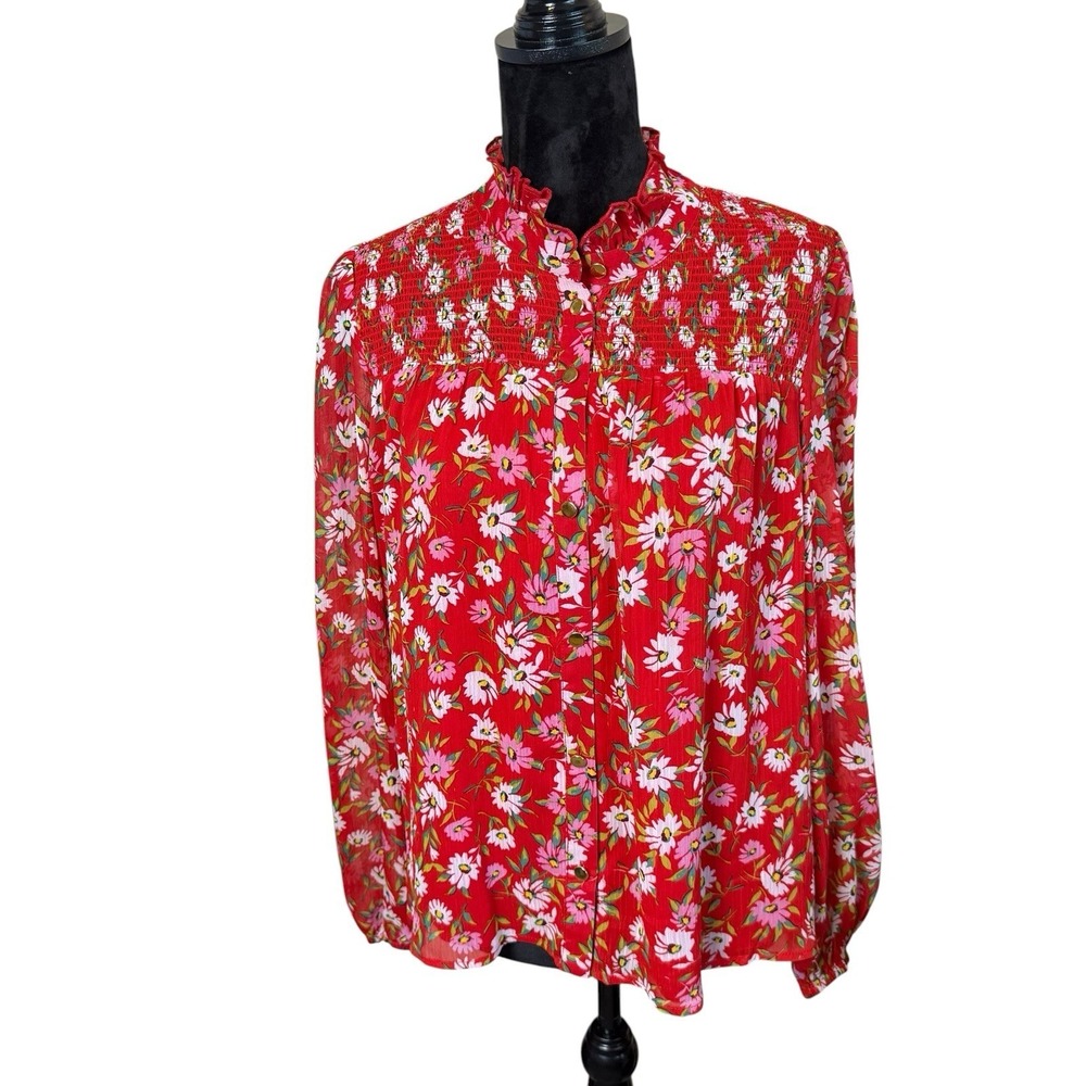Draper James Red Floral Blouse Medium Cottagecore Flowy Feminine Ruffle Garden